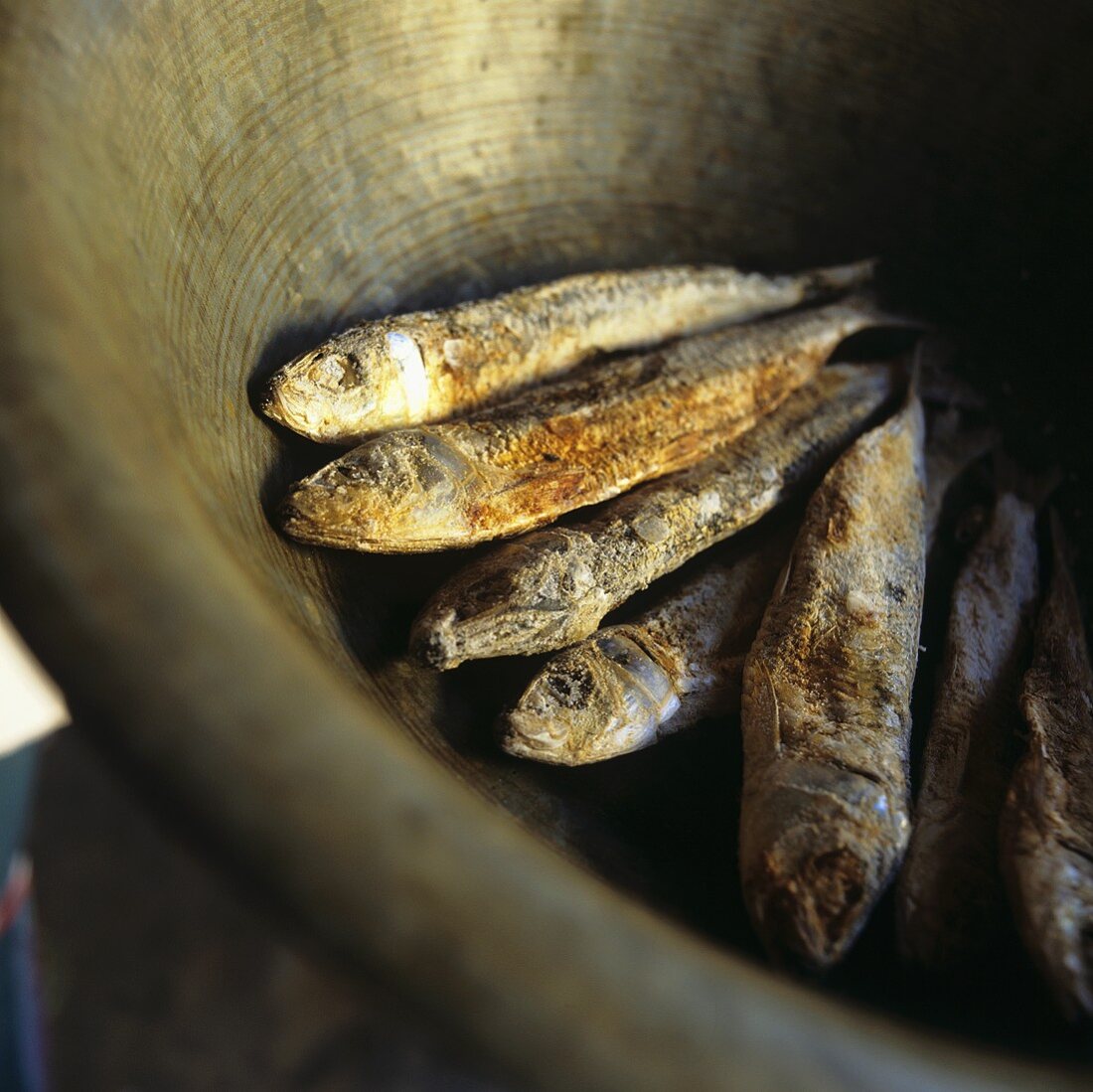 Salted, grilled sardines in a ceramic bowl