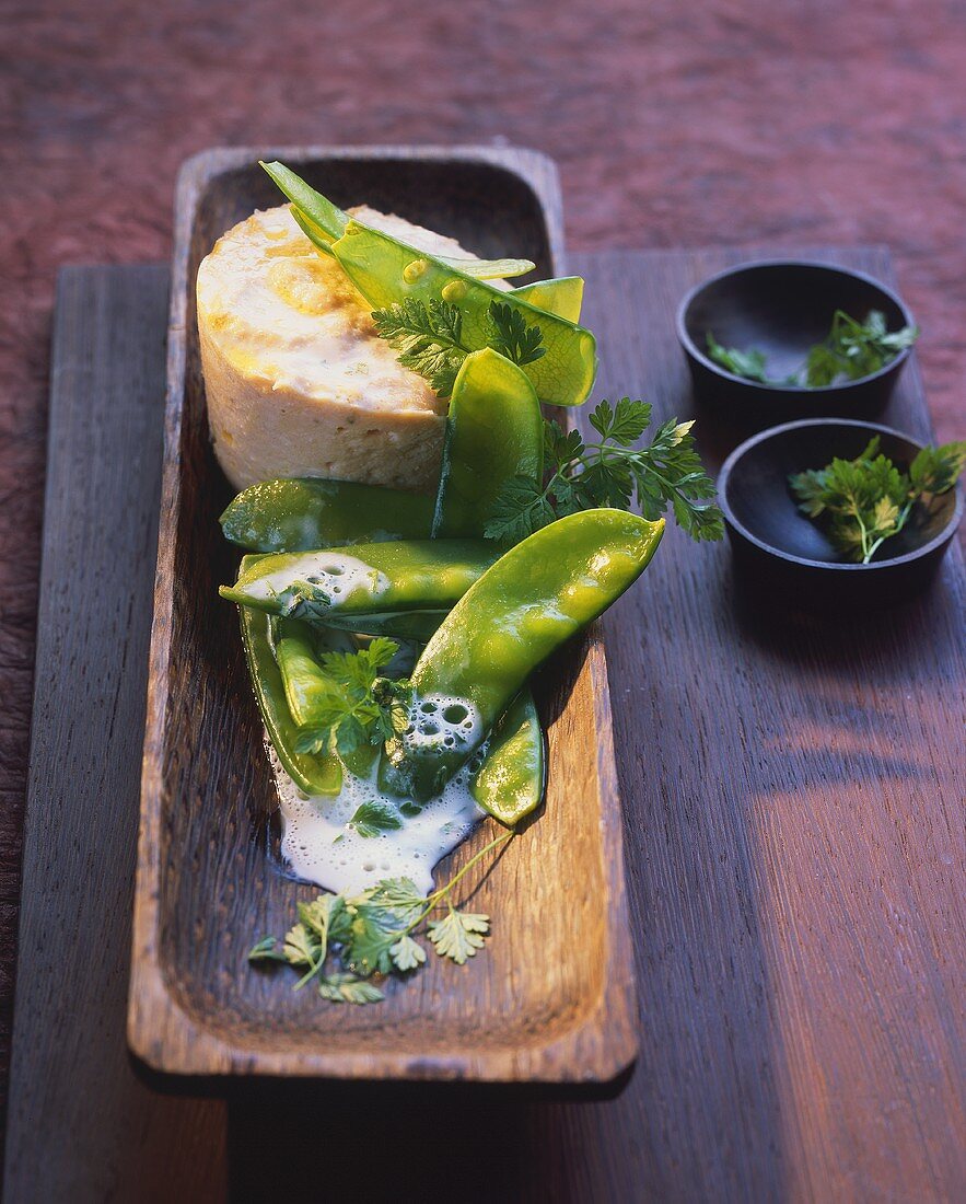 Salmon terrine with mangetout and herb froth