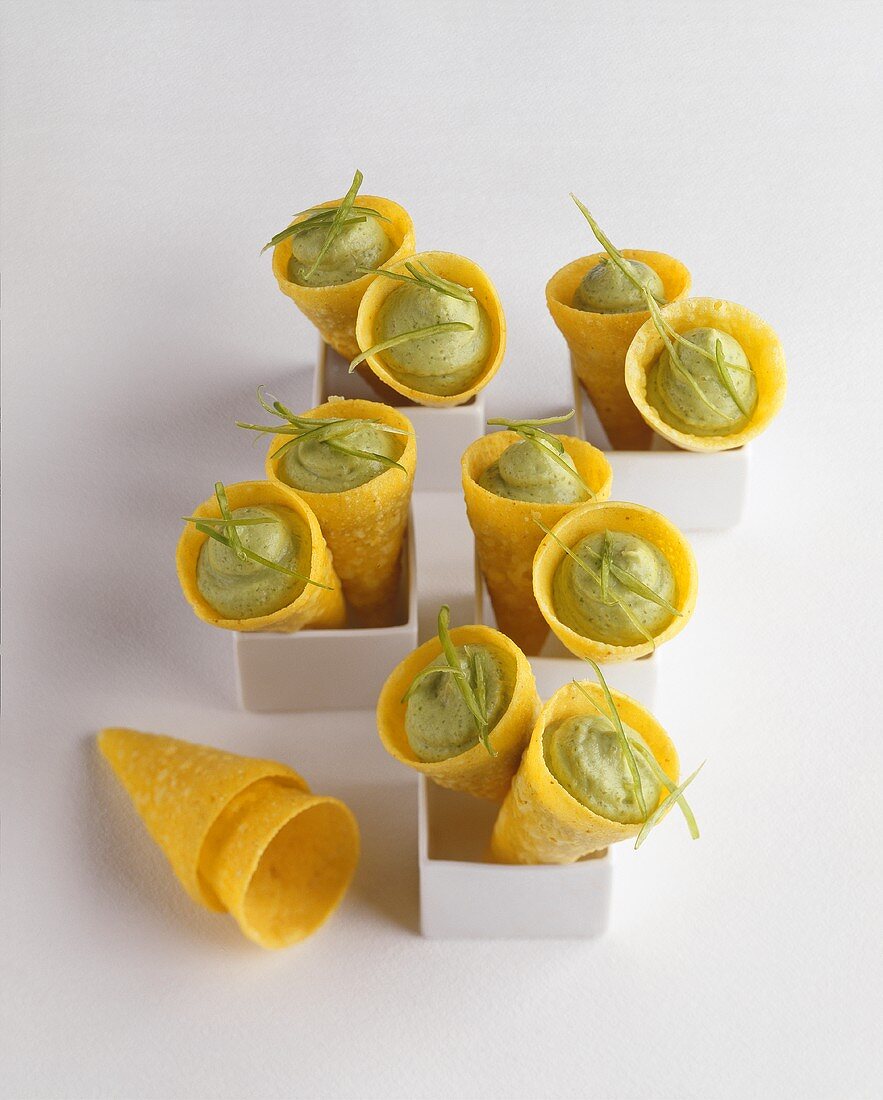 Avocado cream in wafer cones