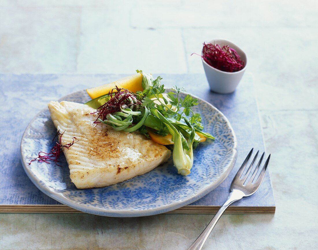Fried pangasius with vegetable salad and beetroot sprouts