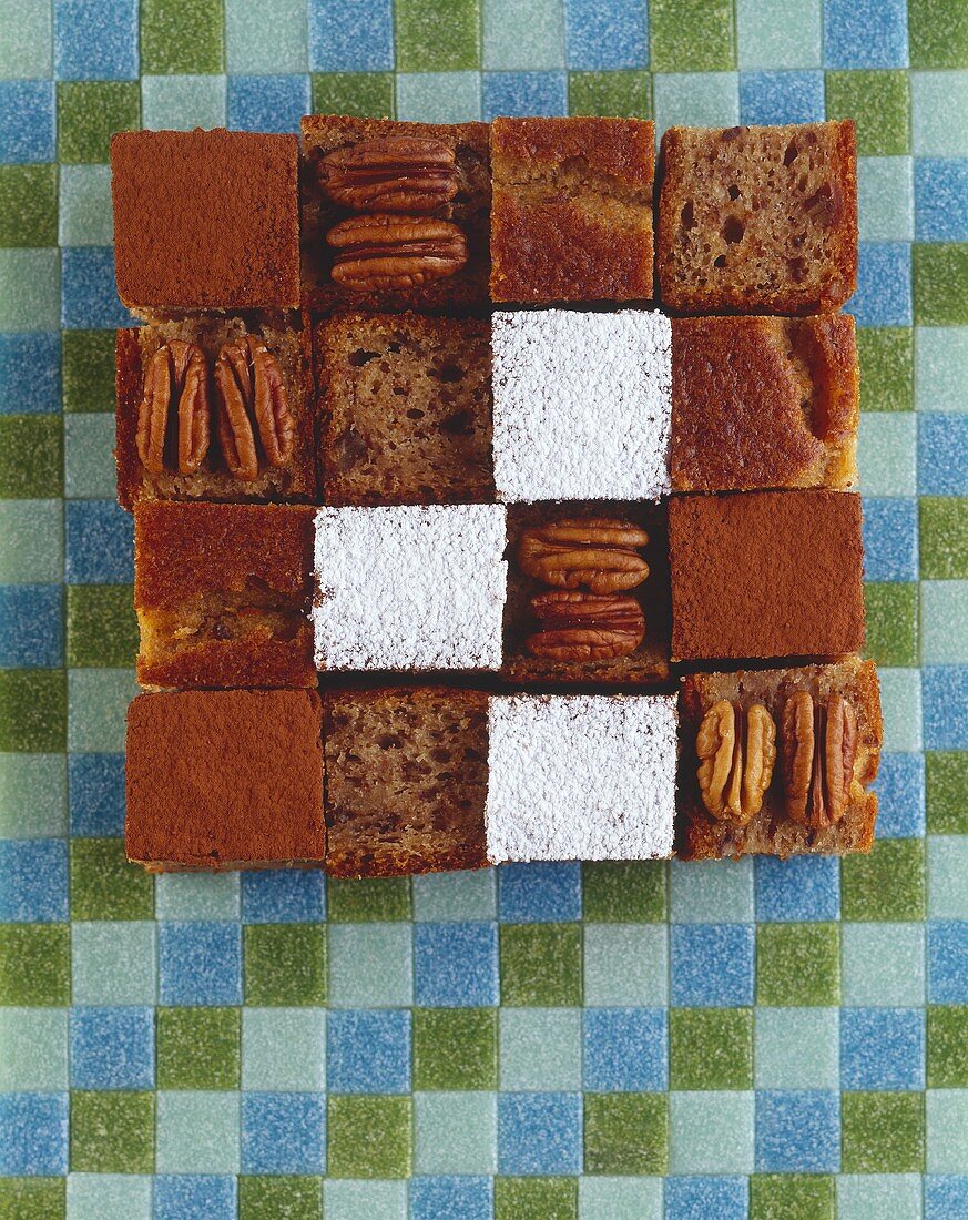Cubes of banana bread with pecans