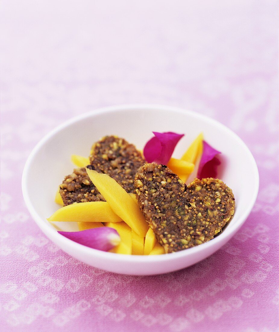 Nut and fig hearts with mango, rose water and rose petals