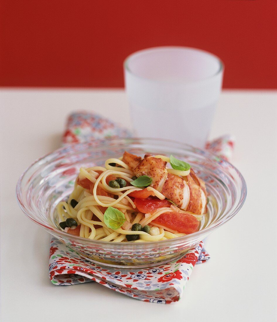 Linguine with vodka tomato sauce, lobster and capers