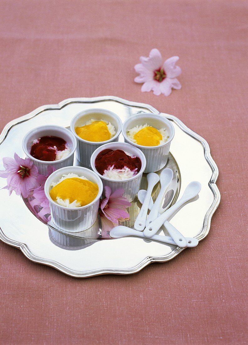 Vanilla rice pudding with different fruit purees
