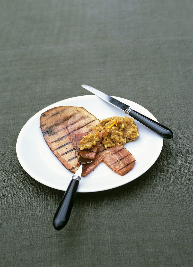 Grilled ham with onion chutney