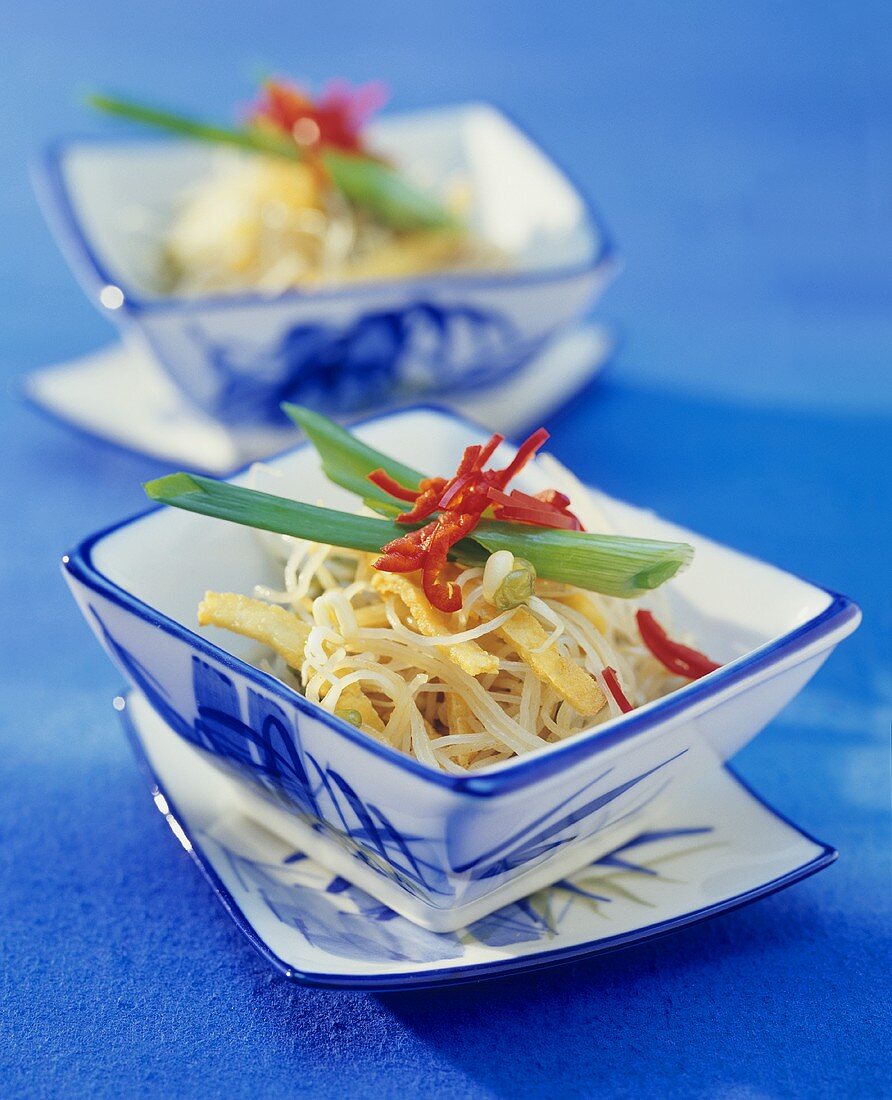 Rice noodles with omelette strips and chilli