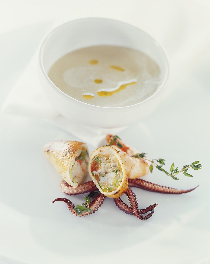 Stuffed squid, cream of fennel soup