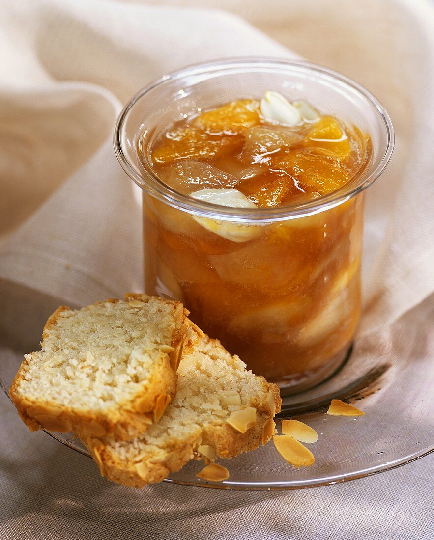 Apricot and lychee compote with almond cake