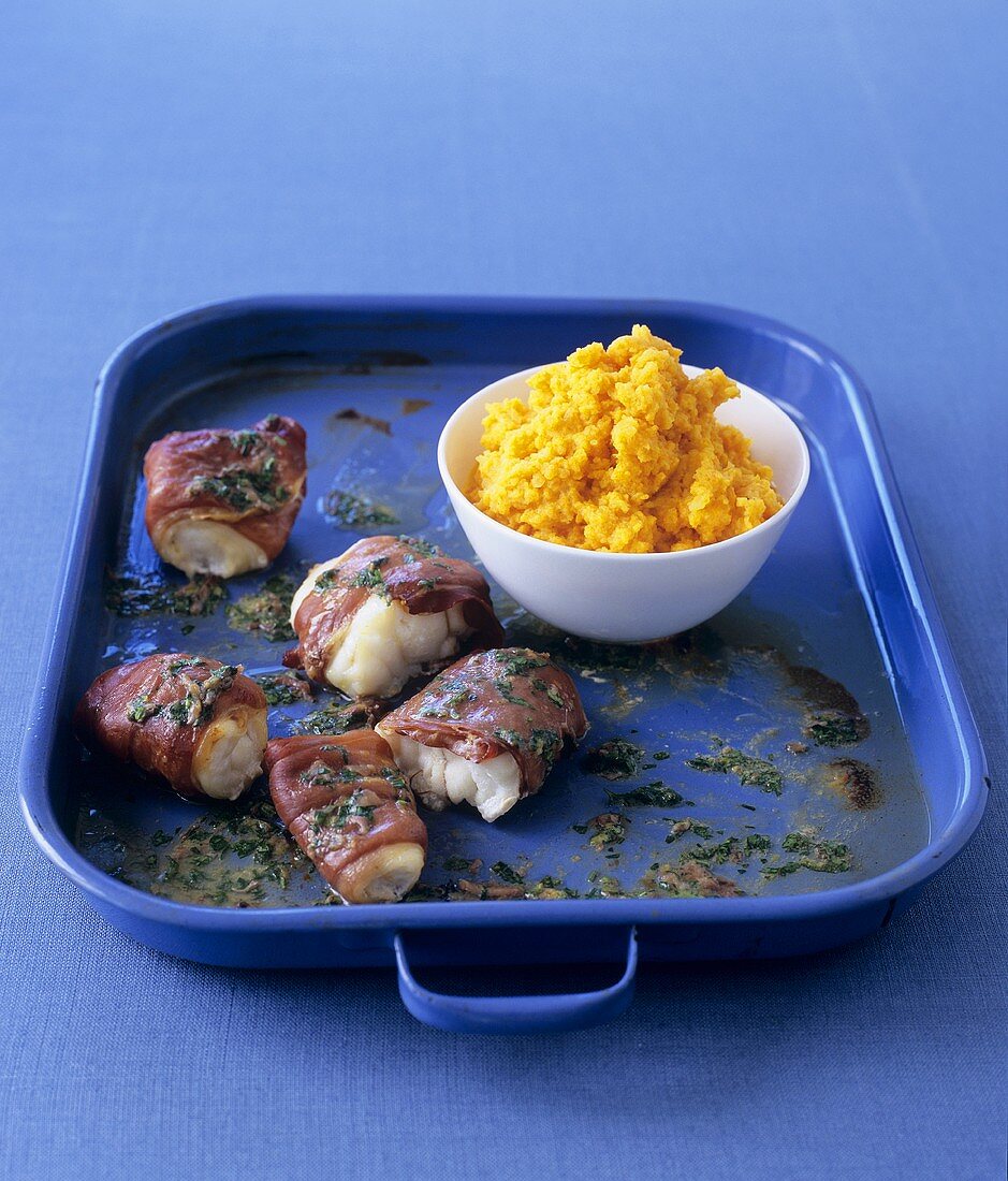 Monkfish with parsley & anchovy butter, mashed potato & carrot