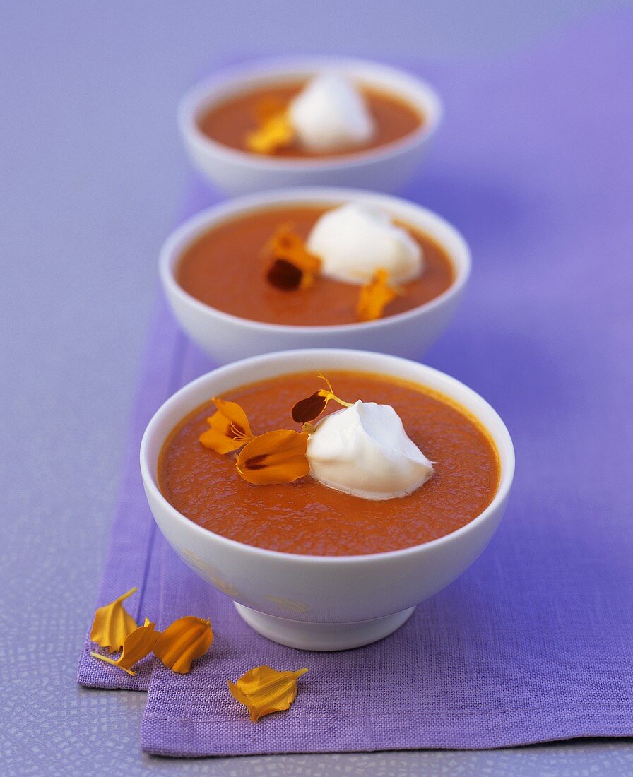 Cold red pepper soup with tequila, soft cheese, marigold petals