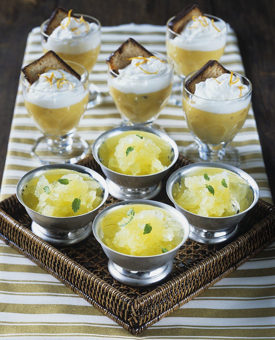 Pineapple sorbet and orange cream in dishes
