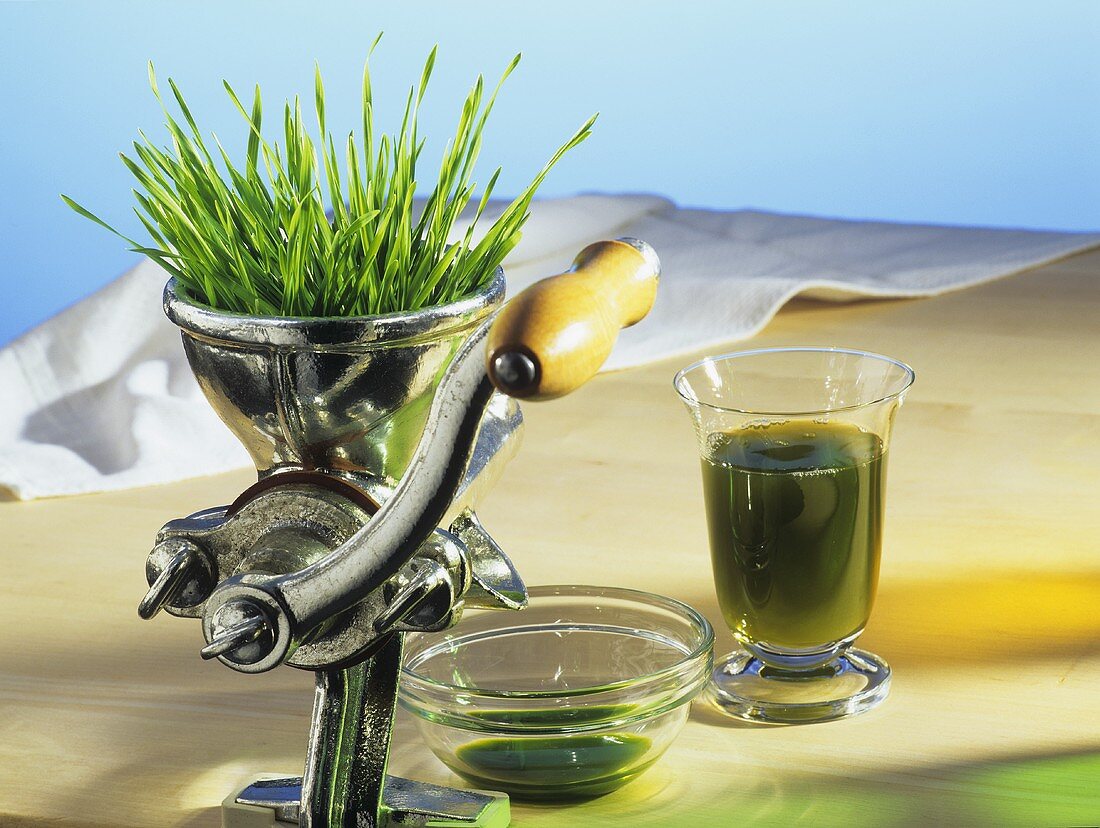 Wheatgrass in a juicer with a glass of juice