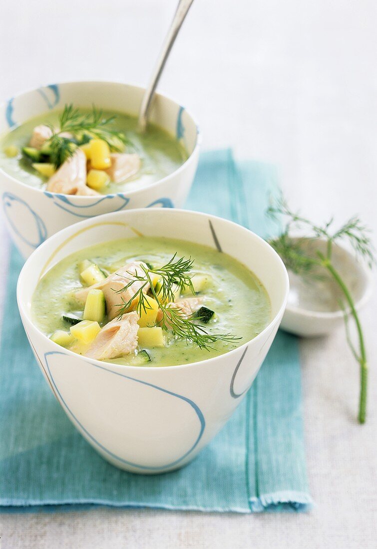 Cream of courgette soup with salmon trout