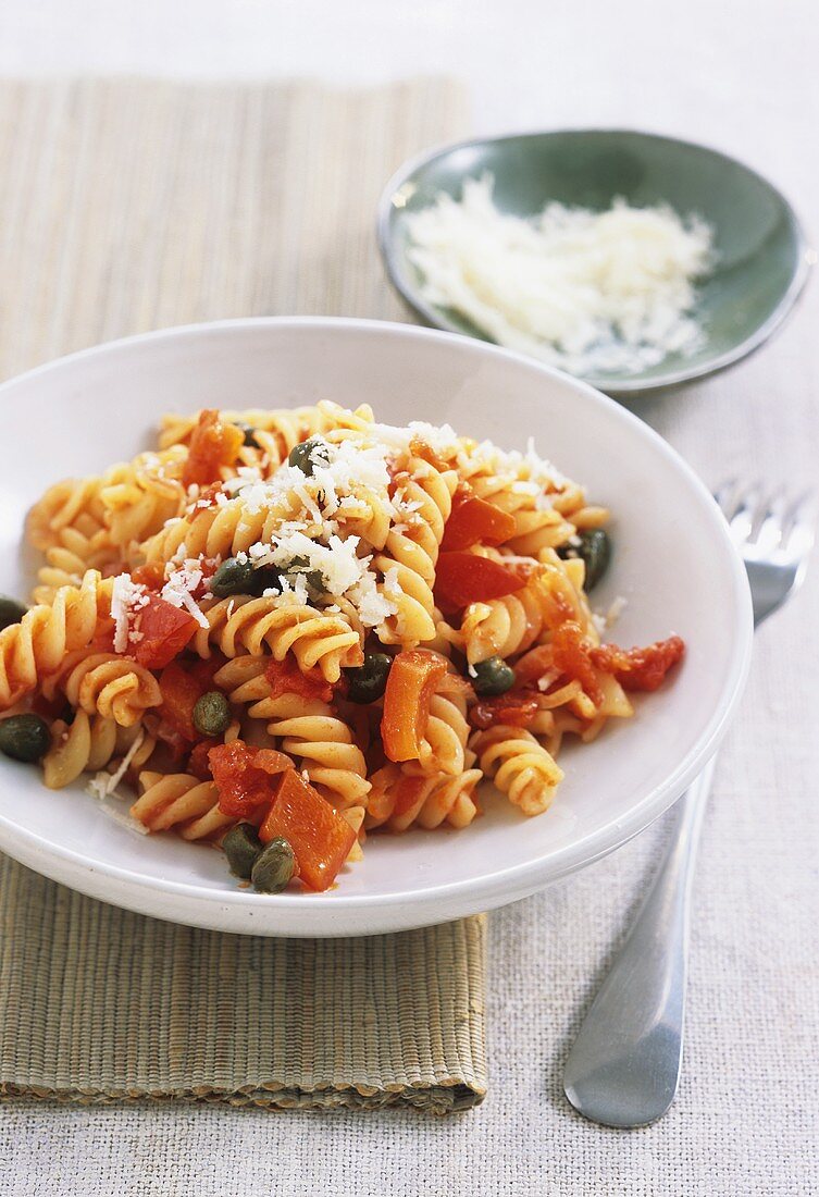 Fusilli with red peppers, capers and Parmesan