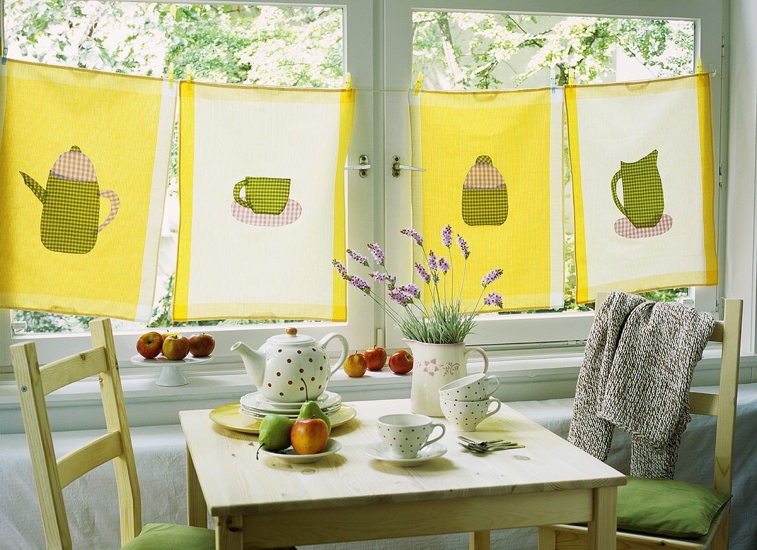 Home-made curtains at kitchen window