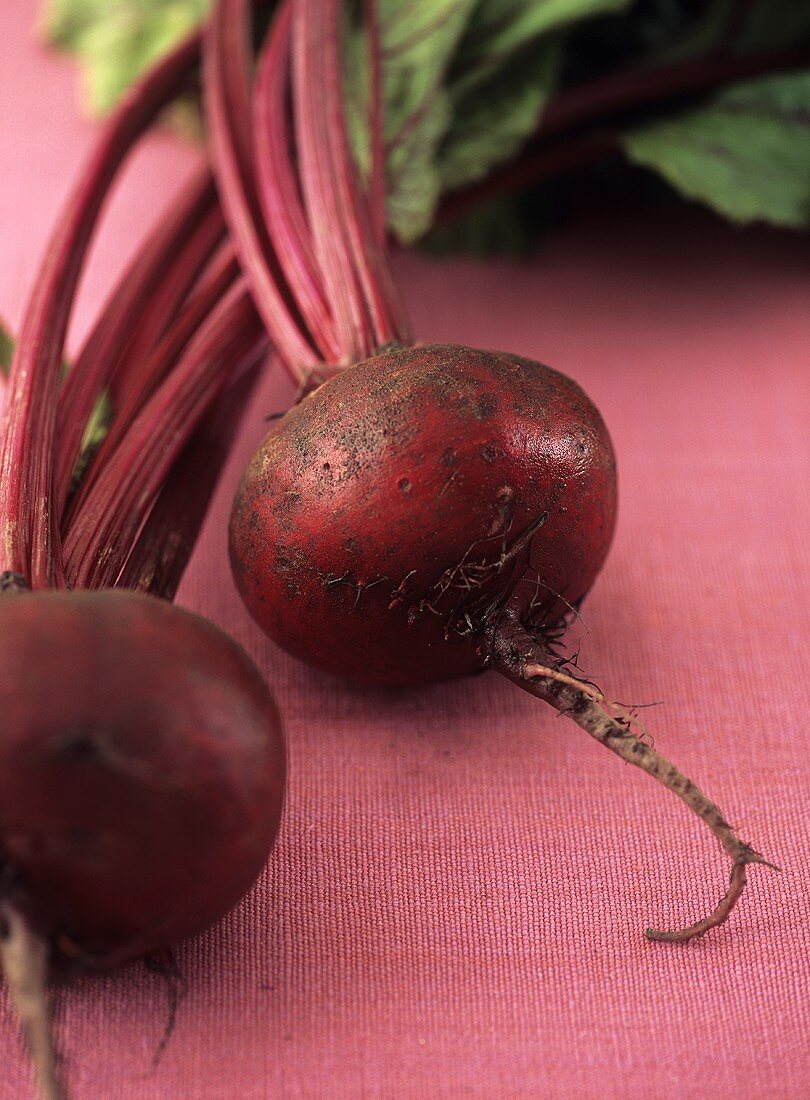 Two beetrots with soil and leaves
