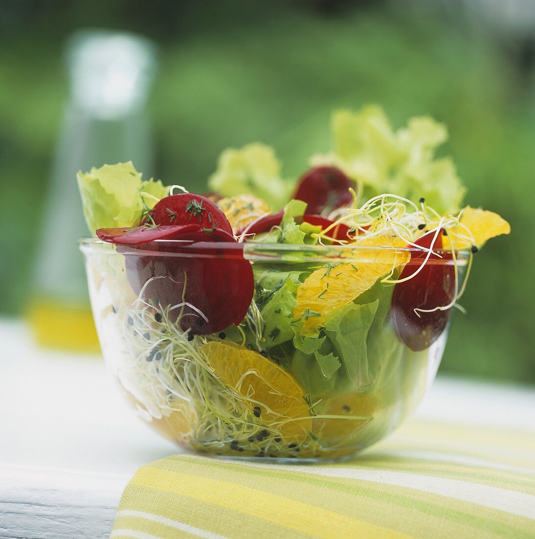 Blattsalat mit Roter Bete, Sprossen und Orangenfilets