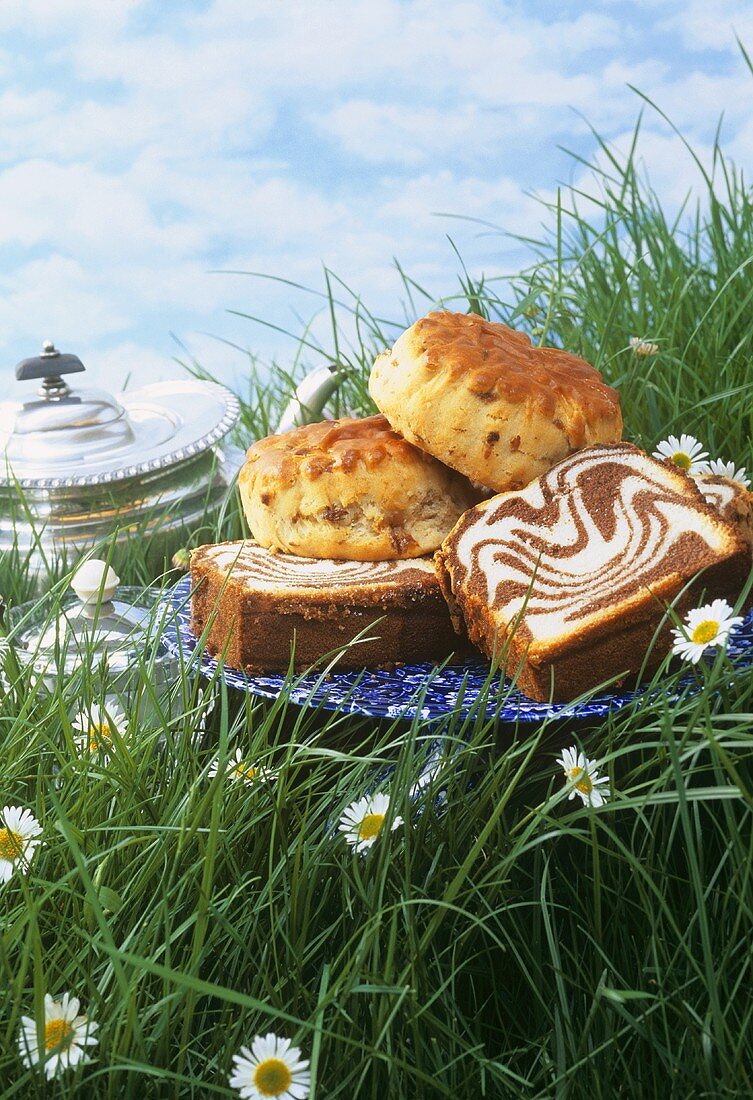 Marble cake and scones in grass against blue sky