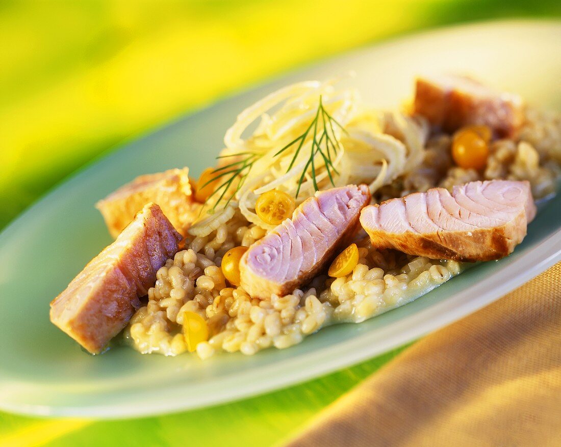 Barley risotto with physalis and fried salmon