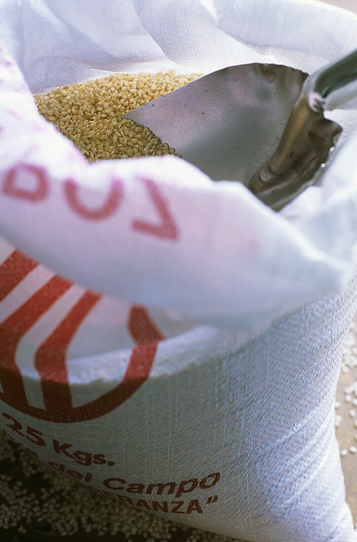 Short-grain rice in a sack