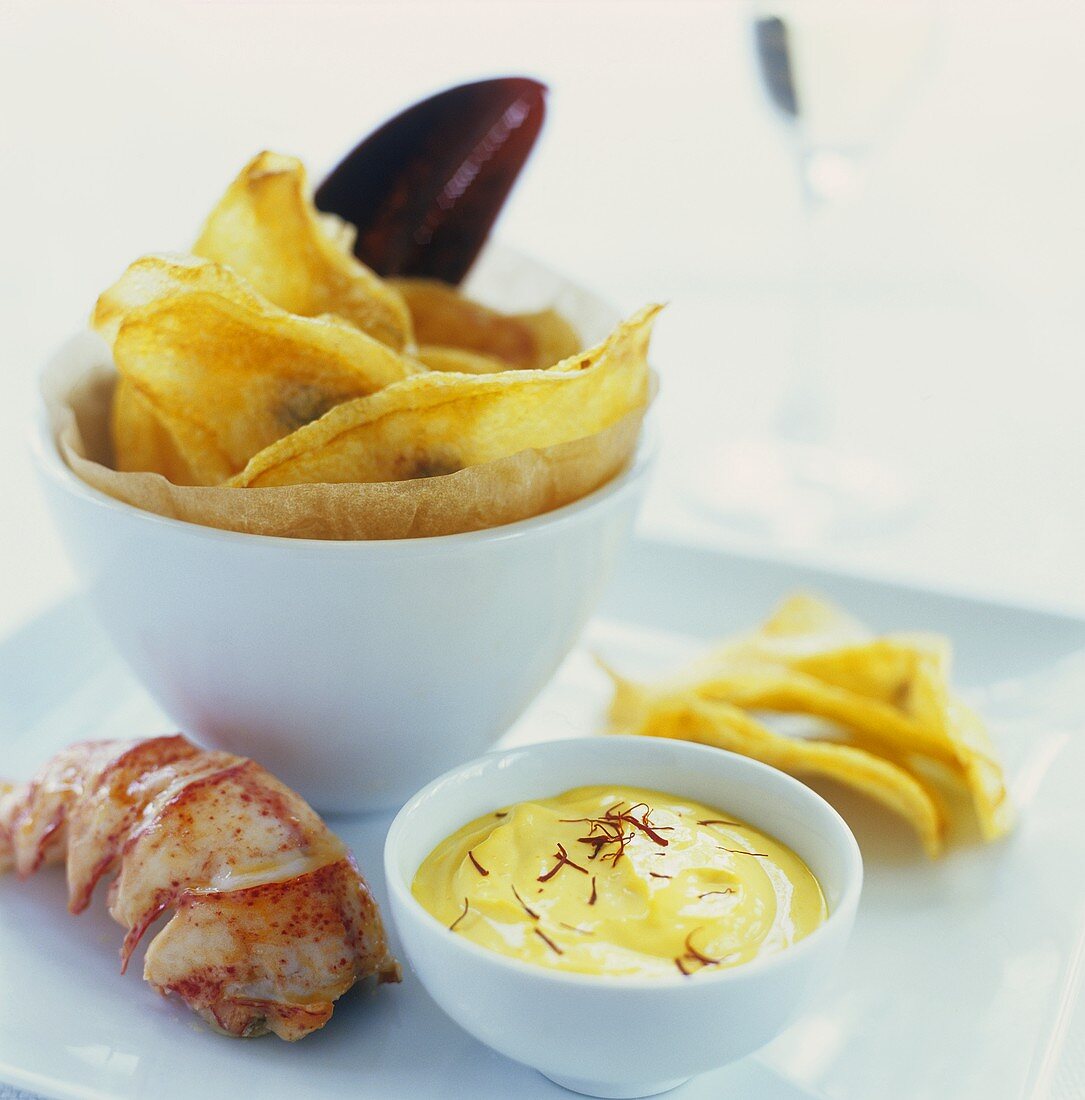 Lobster tail with mustard mayonnaise and vegetable crisps