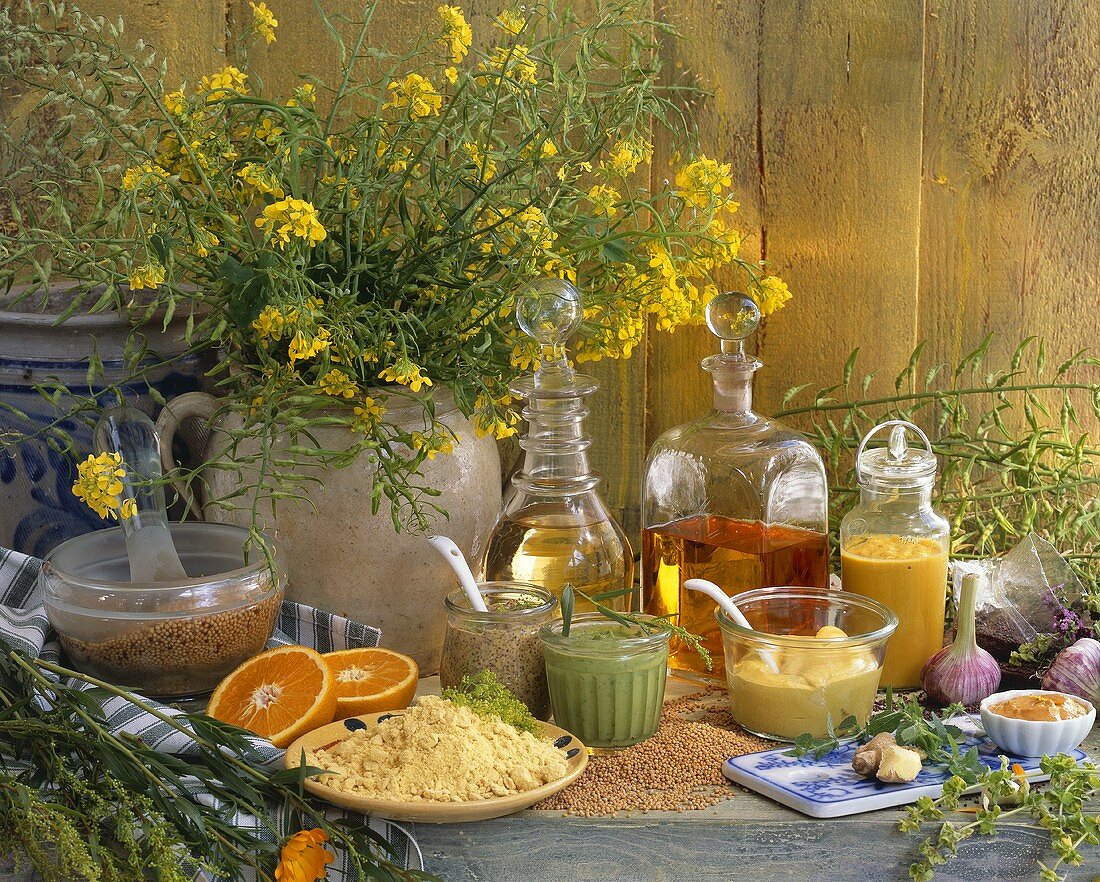 Various types of mustard with ingredients