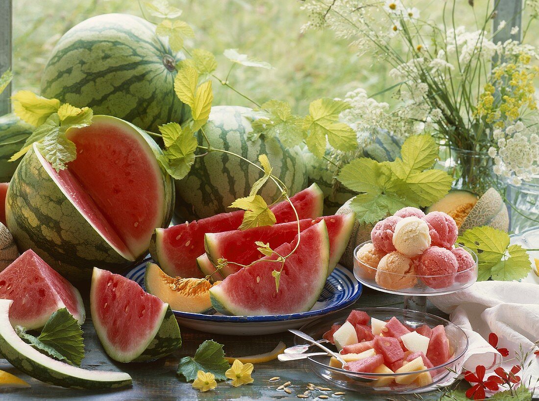 Melonen-Stillleben mit Melonensorbet und -salat