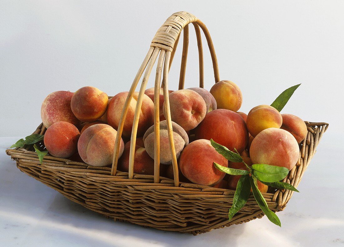 Various types of peaches in a basket