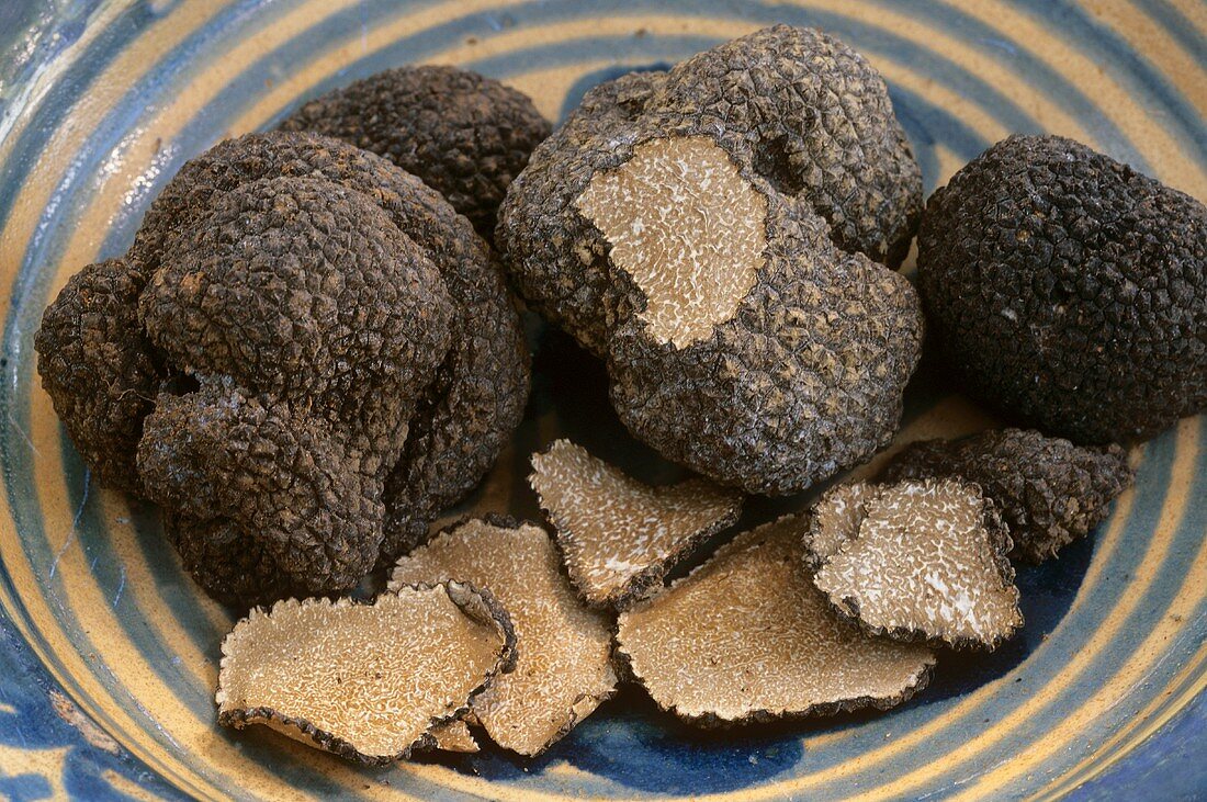 Plate of black summer truffles