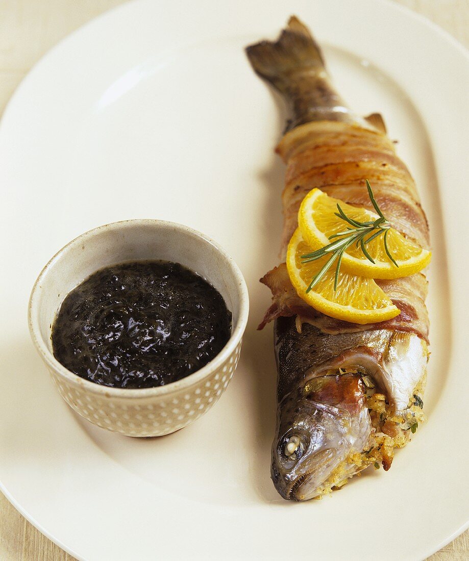 Bacon-wrapped trout with seaweed