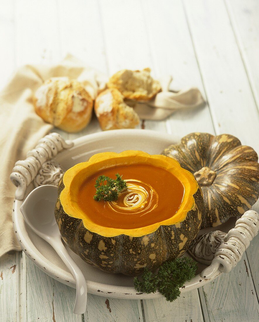 Squash Soup Served in a Squash Bowl; Bread