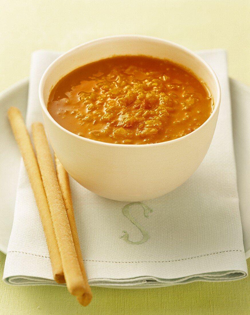 Red lentil soup with grissini