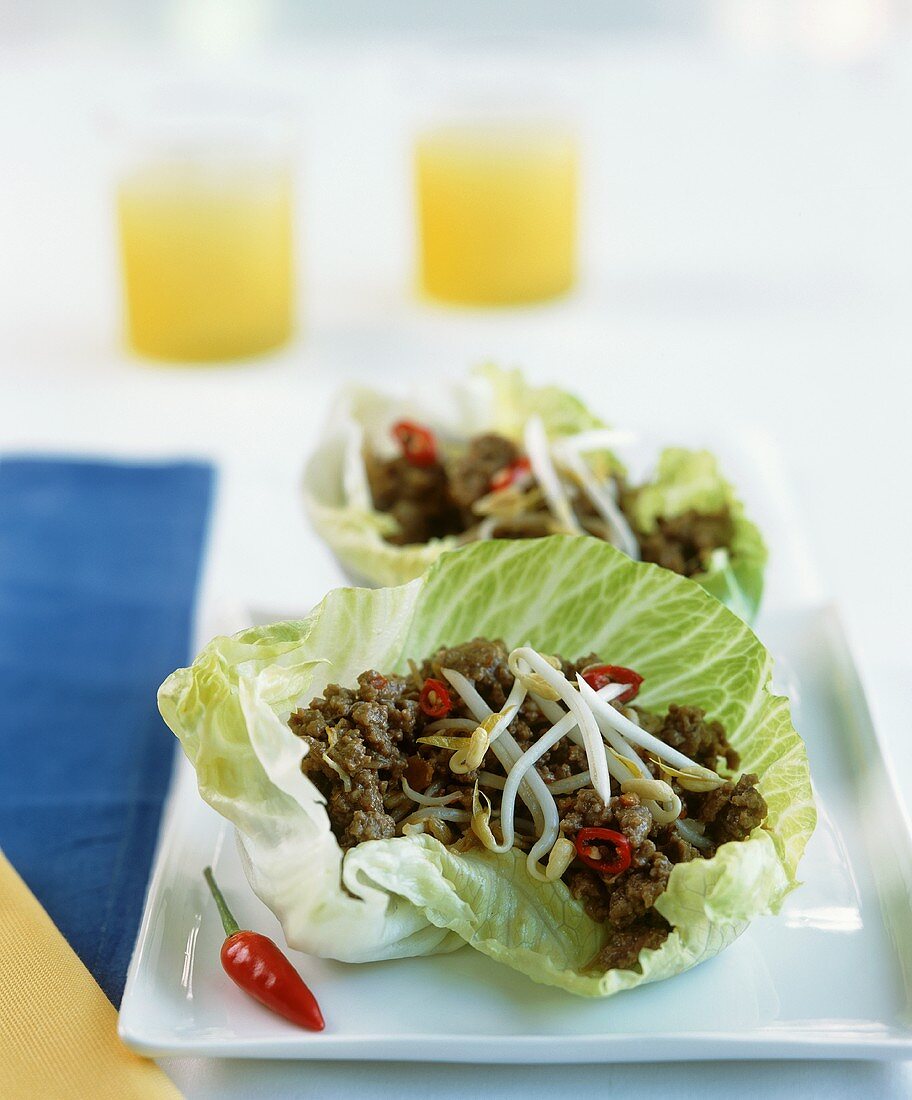 Fried mince with chilli and sprouts in lettuce leaves