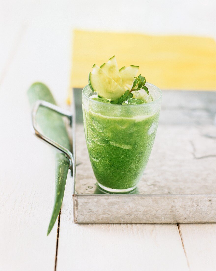A glass of cucumber, seaweed and Aloe vera shake