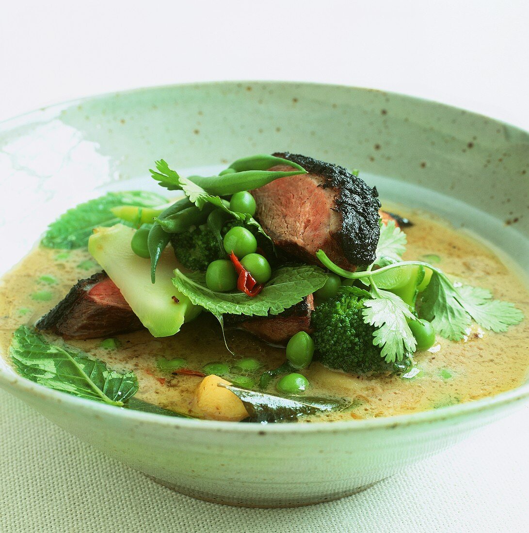 Vietnamese beef curry with baby aubergines and herbs