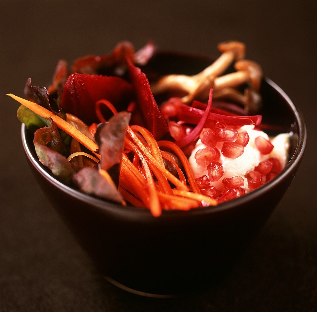 Beetroot and carrot salad with sour cream and pomegranate seeds