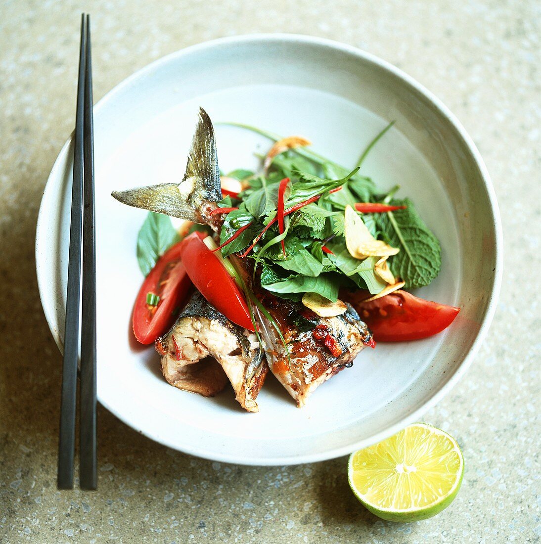Grilled mackerel with herb salad