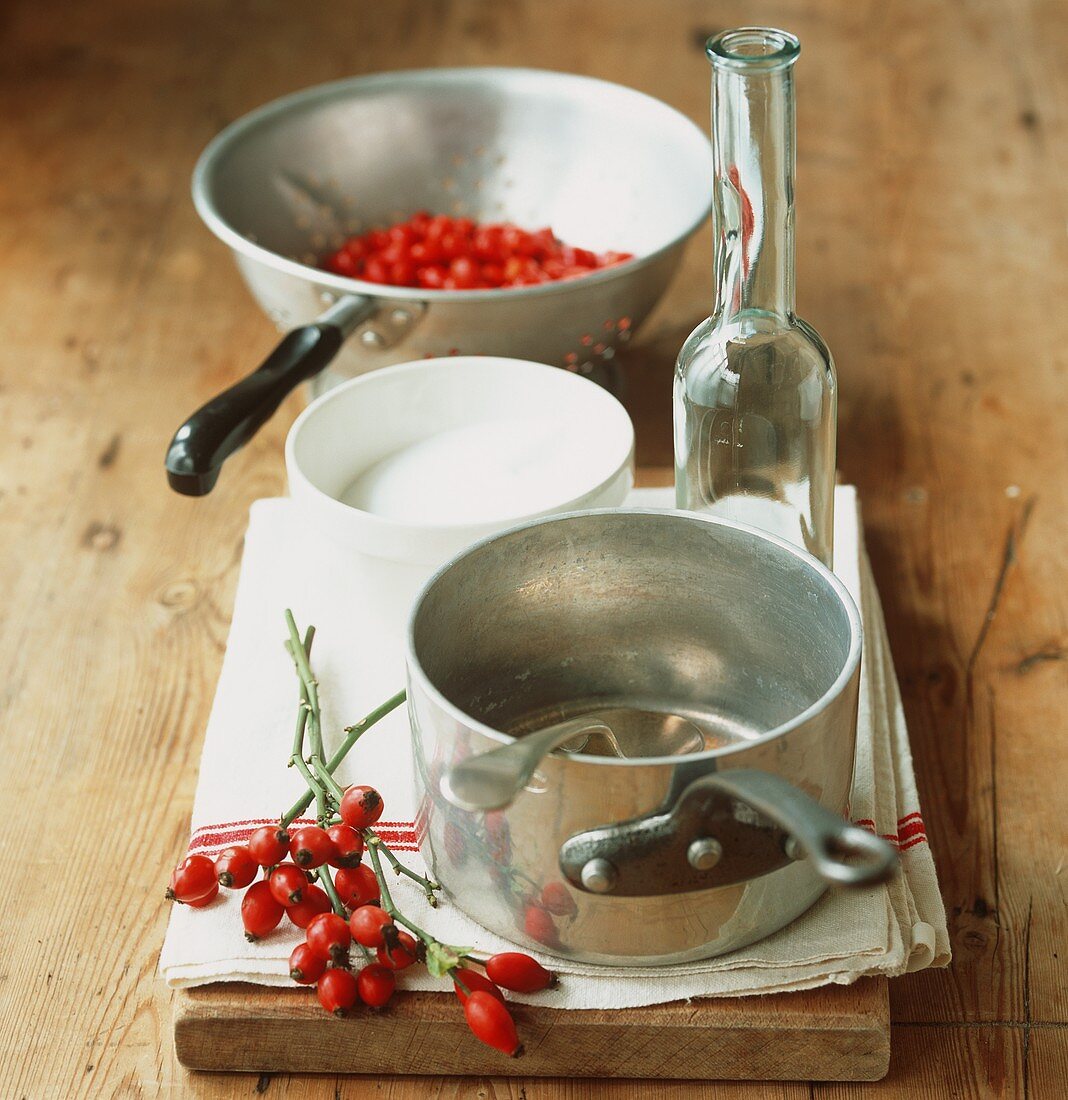 Ingredients for making rose hip syrup