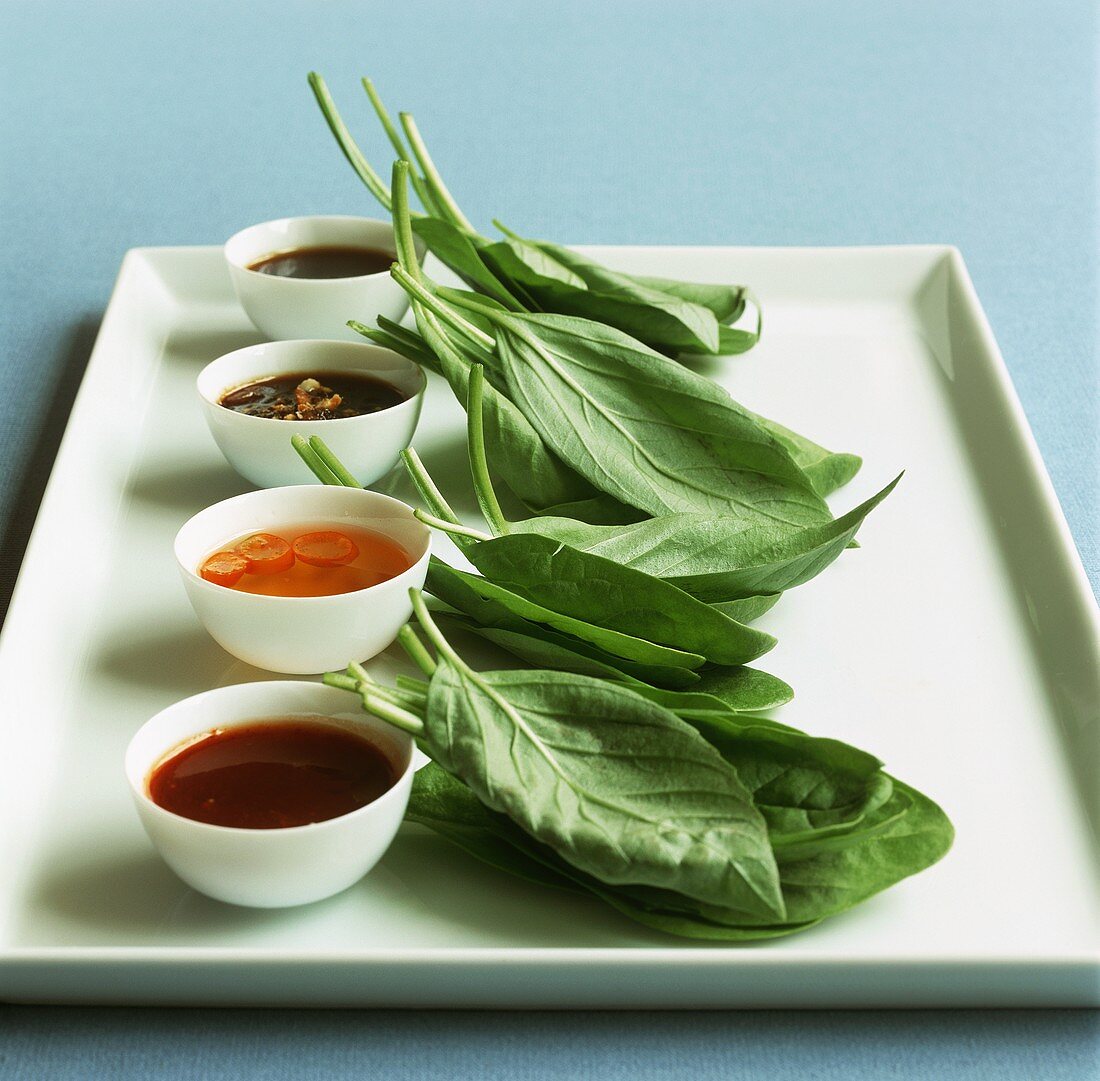 Thai basil leaves with four different dips