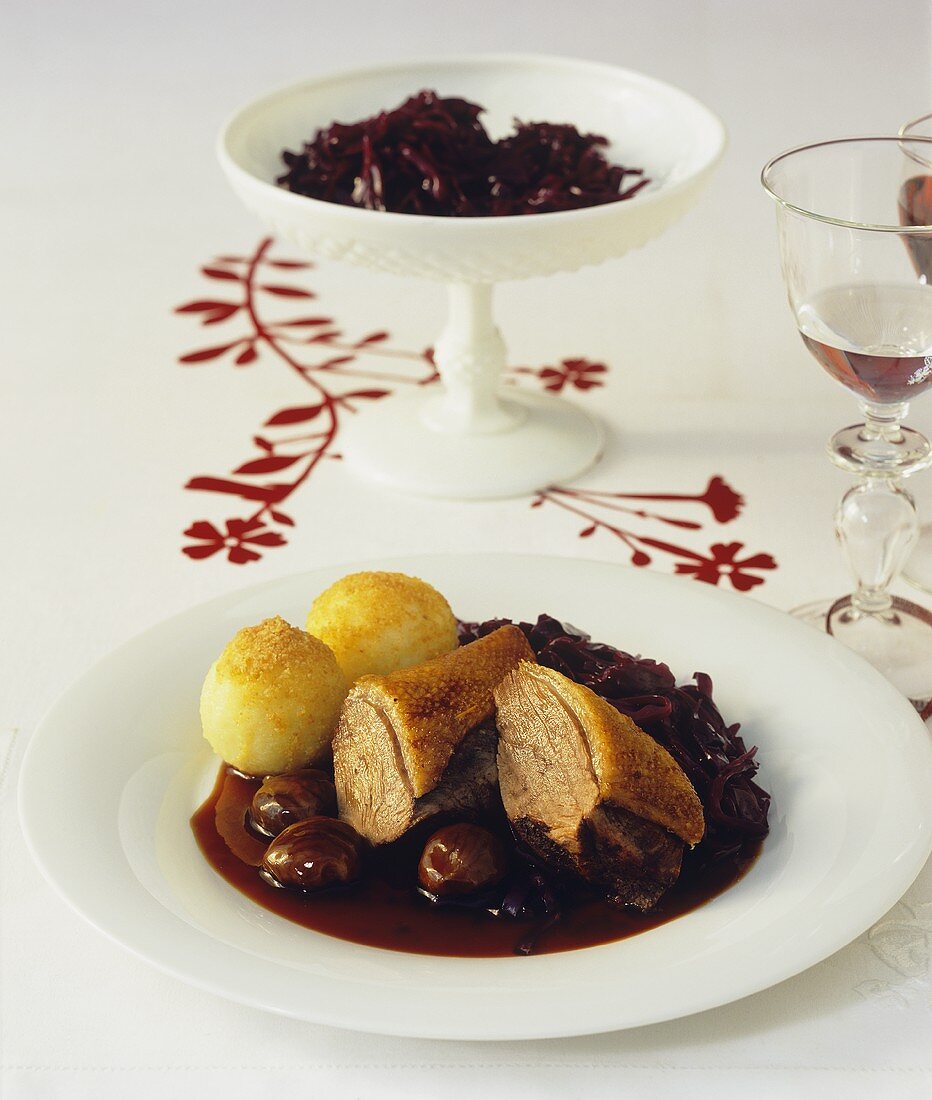 Christmas duck with red cabbage and potato dumplings