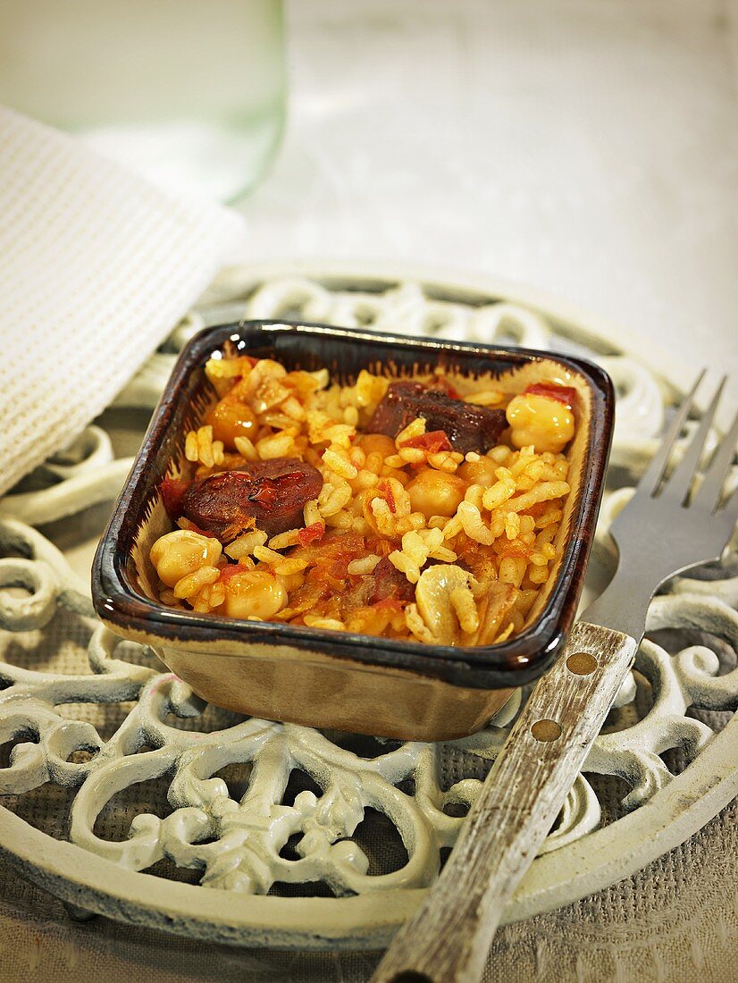 Arroz al horno (oven baked rice, Spain) with chorizo and chickpeas