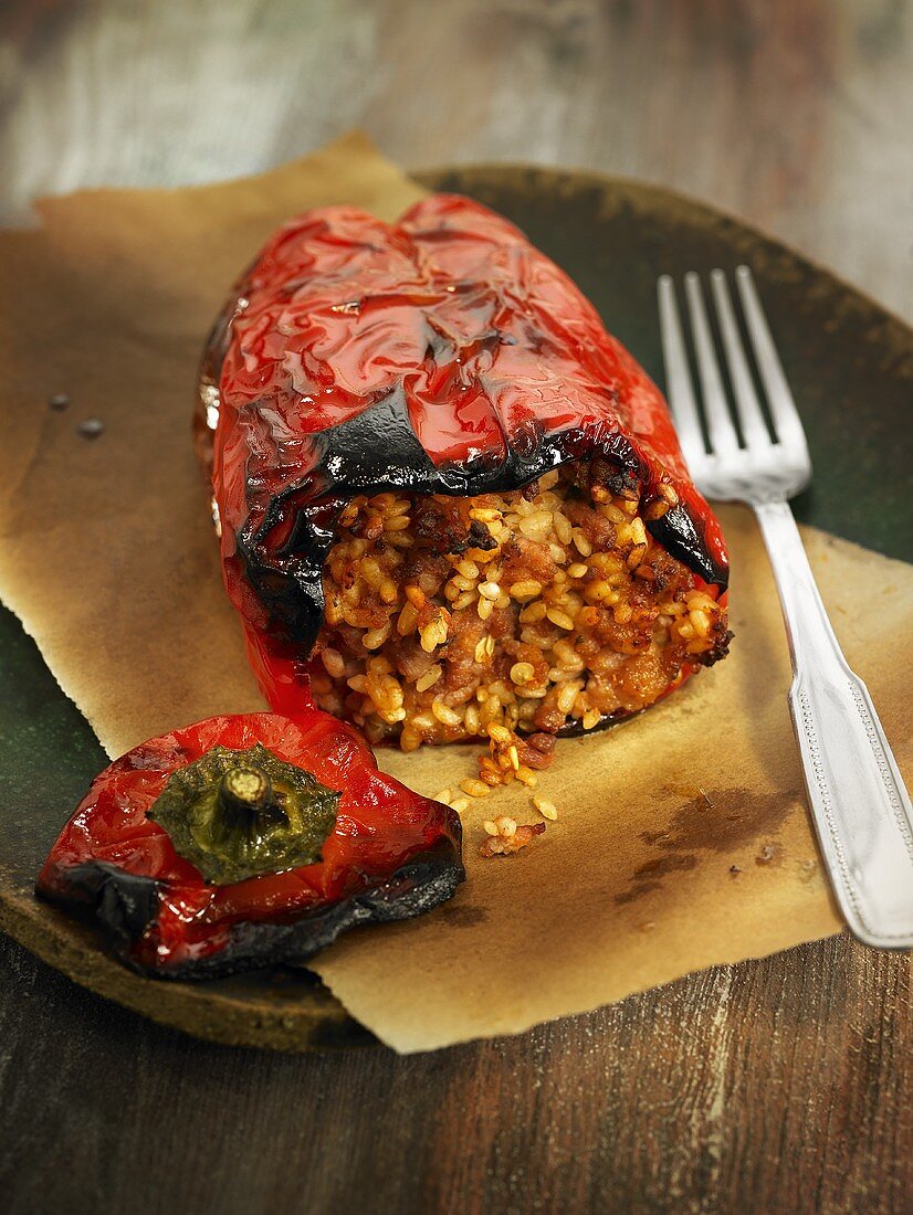 A pepper stuffed with rice