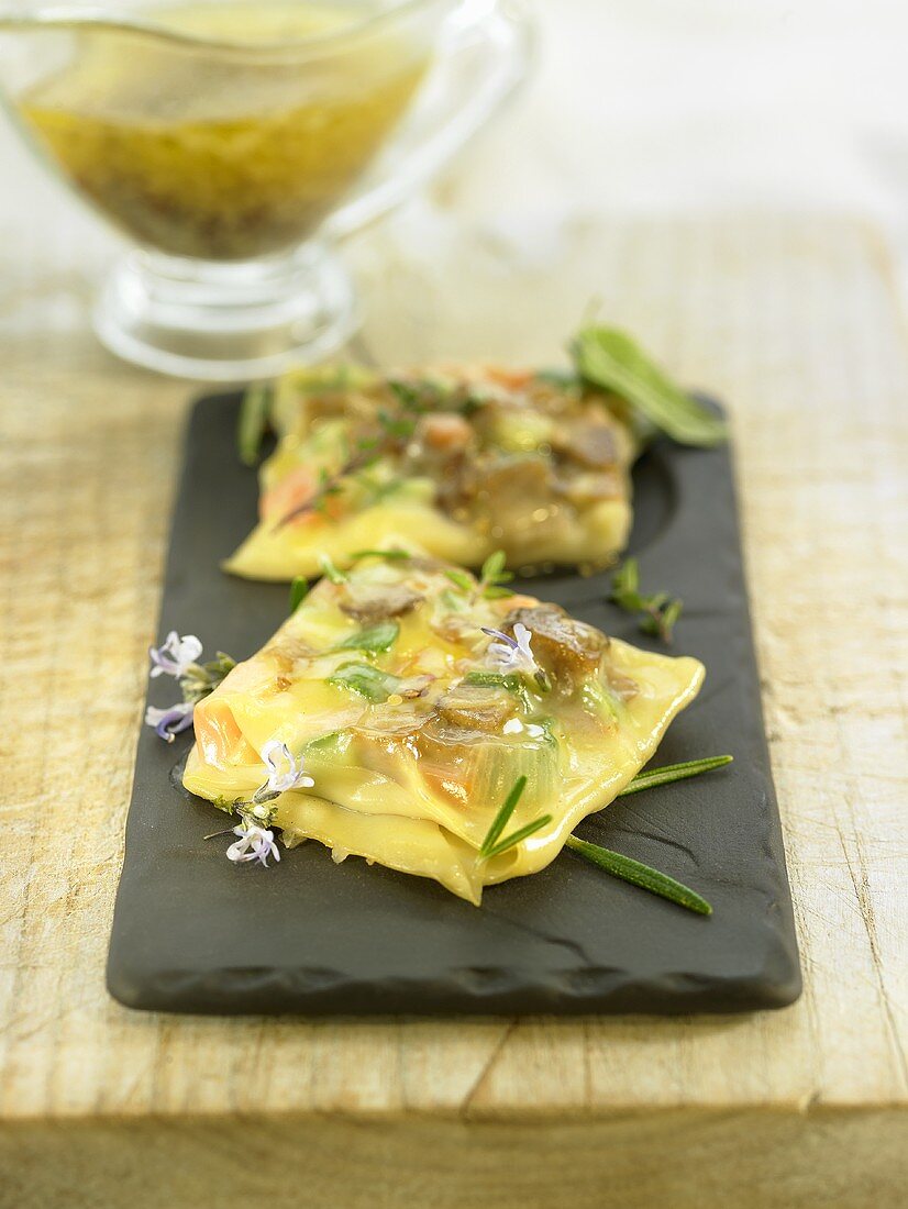 Ravioli with herbs and edible flowers