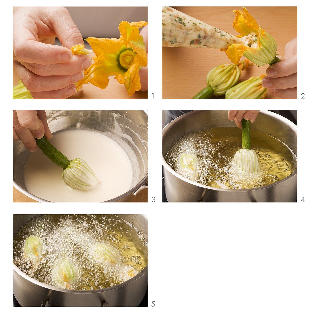 Suffed courgette flowers being prepared