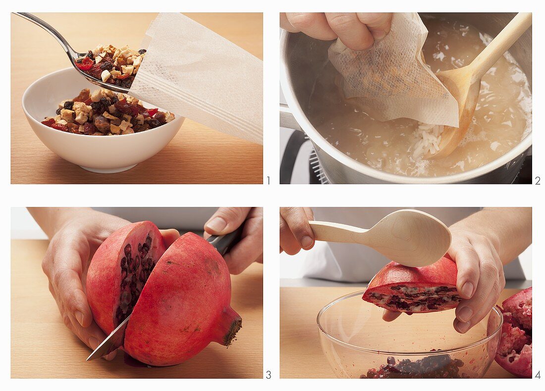 Exotic rice salad with pomegranate seeds being seasoned