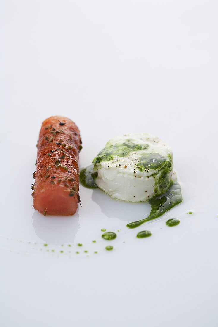 Goats' cheese with watermelon and watercress oil