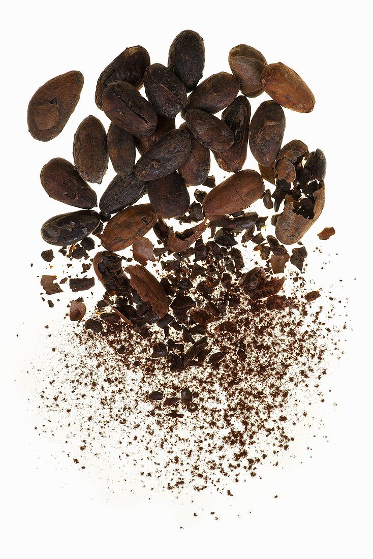 Cocoa beans, some crushed