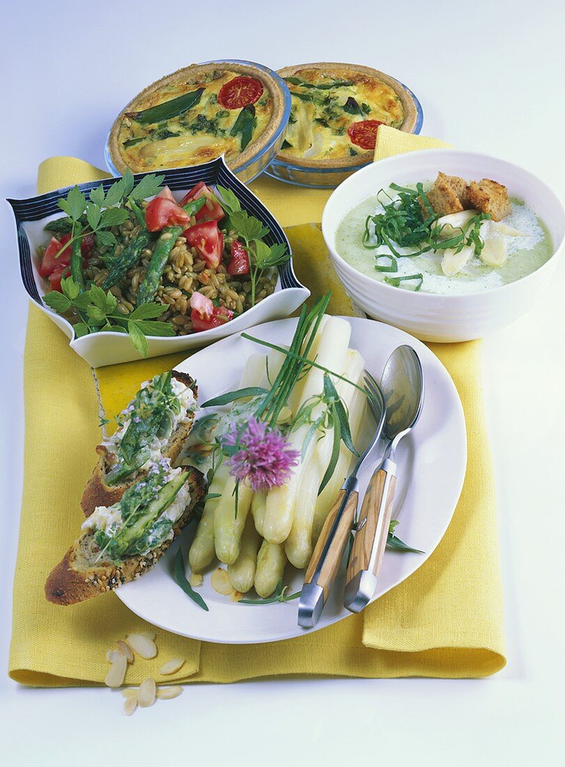 Asparagus dishes: crostini, salad, soup, tarts