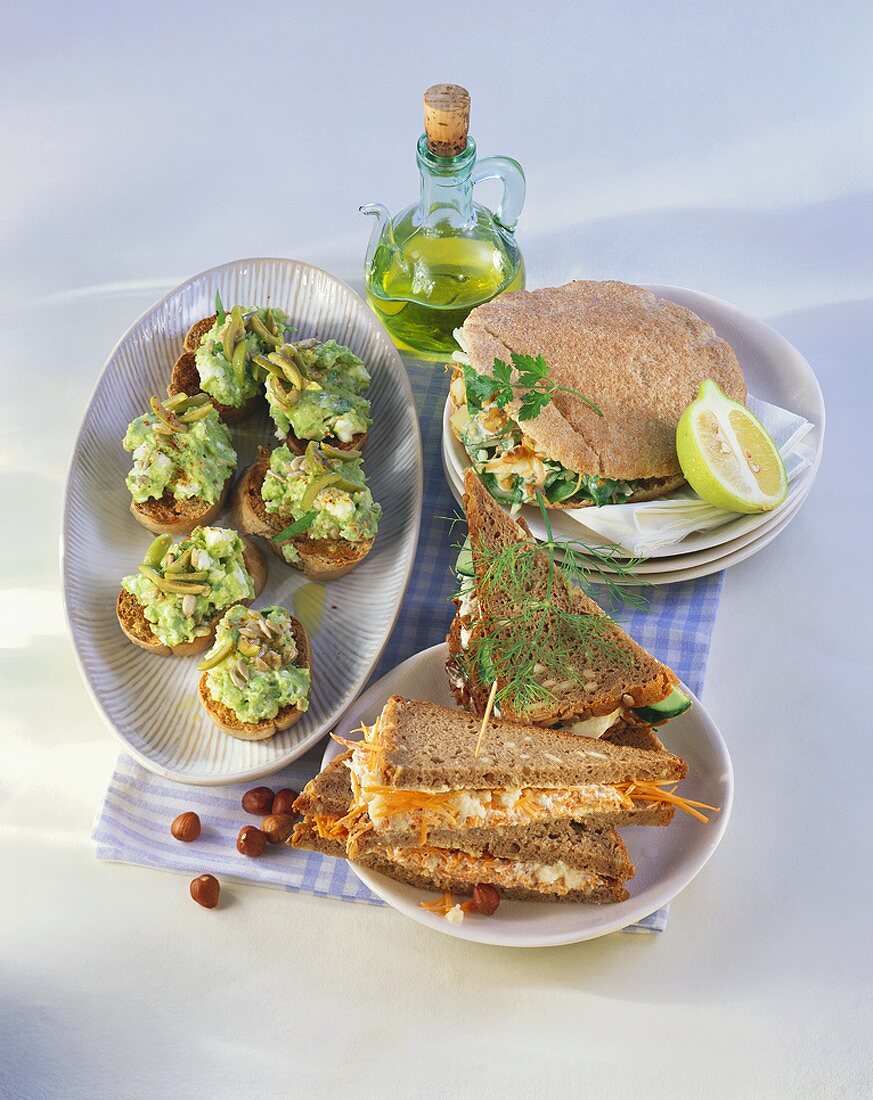 Vegetable sandwiches, avocado crostini & filled pita bread