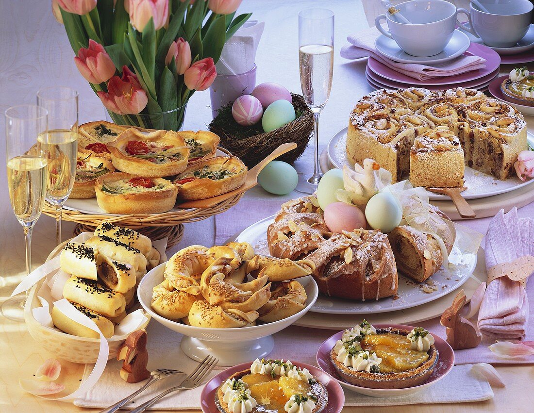 Spring brunch buffet with sweet and savoury baked goods